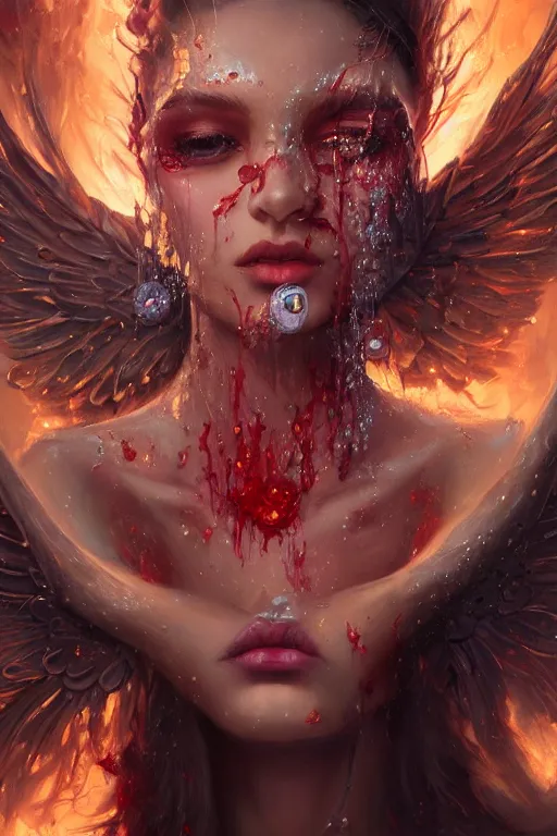 Image similar to beautiful model face covered with blood diamonds wearing fire velvet drowning in water, diamonds, angel, fantasy, dramatic lighting, highly detailed, digital painting, magic the gathering, hyper detailed, 3 d render, hyper realistic detailed portrait, peter mohrbacher, wlop, ruan jia