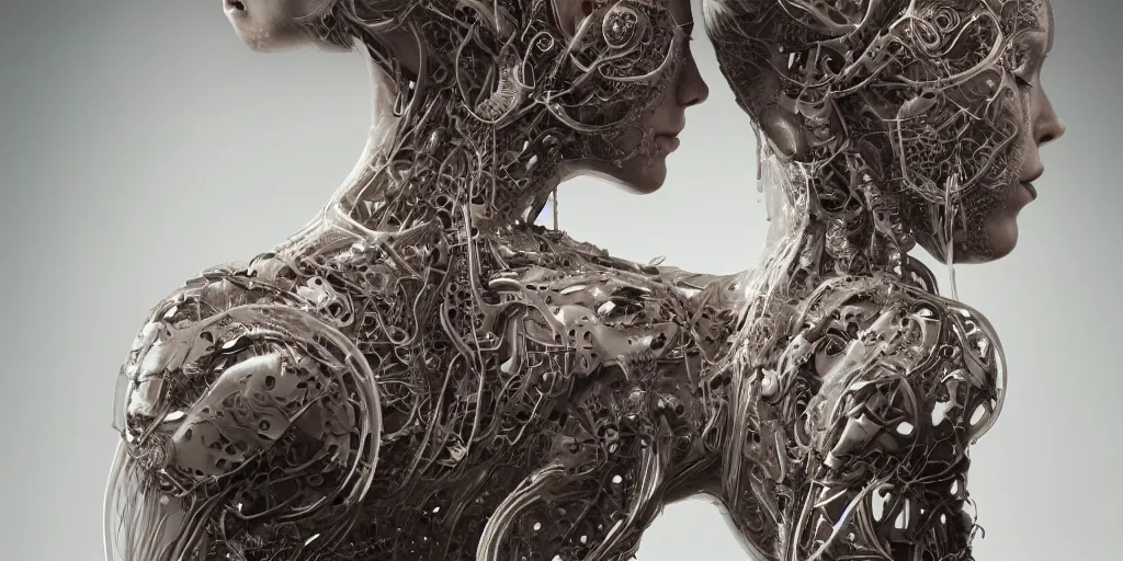 Image similar to realistic photography of a beautiful cyborg androgynous humanoid, back, reaching, holding close, in liquid, intricate filigree, in the style of beth cavener, jin kagetsu, wlop, highly detailed, symmetry, masterpiece, concept art, ringflash, highkey lighting, ambient lighting, octane render, 8 k, artstation