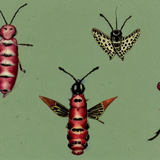 Prompt: wallpaper depicting six-spot burnet moths of different sizes over a soft green background, botanical drawing by Maria Sybilla Merian