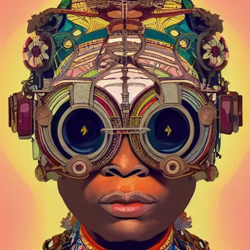 Image similar to colourful vfx upper half - portrait - art of a african tribal chief wearing steam punk goggles, art by utagawa kunisada, james jean & alphonse mucha, symmetrical, intricate detail, concept art, volumetric light, ray tracing, caricature, digital illustration, digital painting, octane 3 d render, unreal engine, sharp, pinterest, behance, art station,