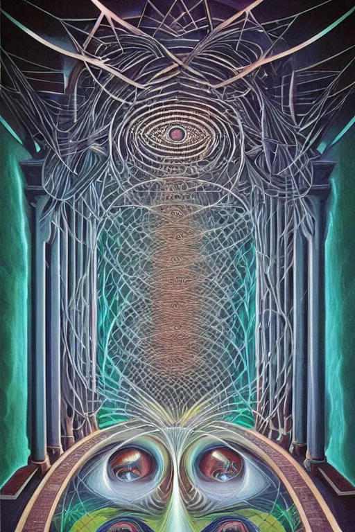 Prompt: staircase towards a otherworldly sacred geometry entrance into another universe, majestic occult gates, magical weird, strange fantastic, cyberpunk, by octavio ocampo