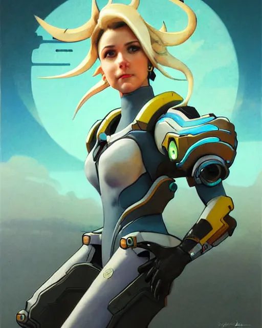 Prompt: mercy from overwatch, character portrait, portrait, close up, concept art, intricate details, highly detailed, vintage sci - fi poster, in the style of chris foss, rodger dean, moebius, michael whelan, and gustave dore