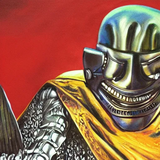 Image similar to beautiful lifelike painting of mf doom as king ghidora being taken to your leader, hyperreal detailed facial features and uv lighting, art by ed roth and basil wolverton