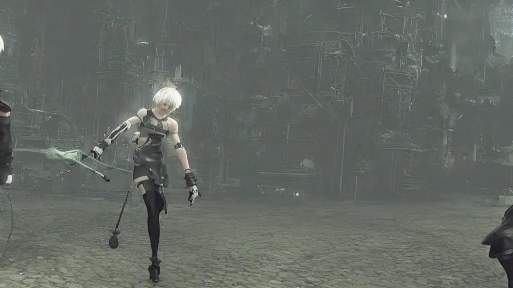 Image similar to Screenshot from Nier Automata during a boss fight with Boris Johnson