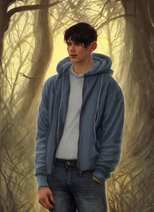 Image similar to handsome young man with short black hair, light blue eyes, pale skin, detailed neighbourhood background, houses, trees, road, magical atmosphere, tarot card, glowing, golden hour, wearing jeans and a black hoodie, realistic painting by ross tran and gerald brom and alphonse mucha, trending on artstation