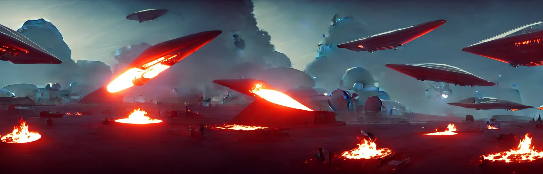 Prompt: sci - fi high tech tents are on fire. mighty futuristic zeppelins hover in the sky above you, cruise missile strikes, a little further away, a camp is bombarded from the air, intricate and epic concept art, highly detailed, 8 k, cinematic ; artstation, unreal engine 5