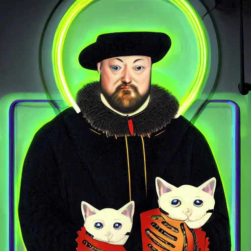 Prompt: portrait of Henry the VIII , cyberpunk style, futuristic, neon lights, holding two plump cats, photorealistic, painting, detailed