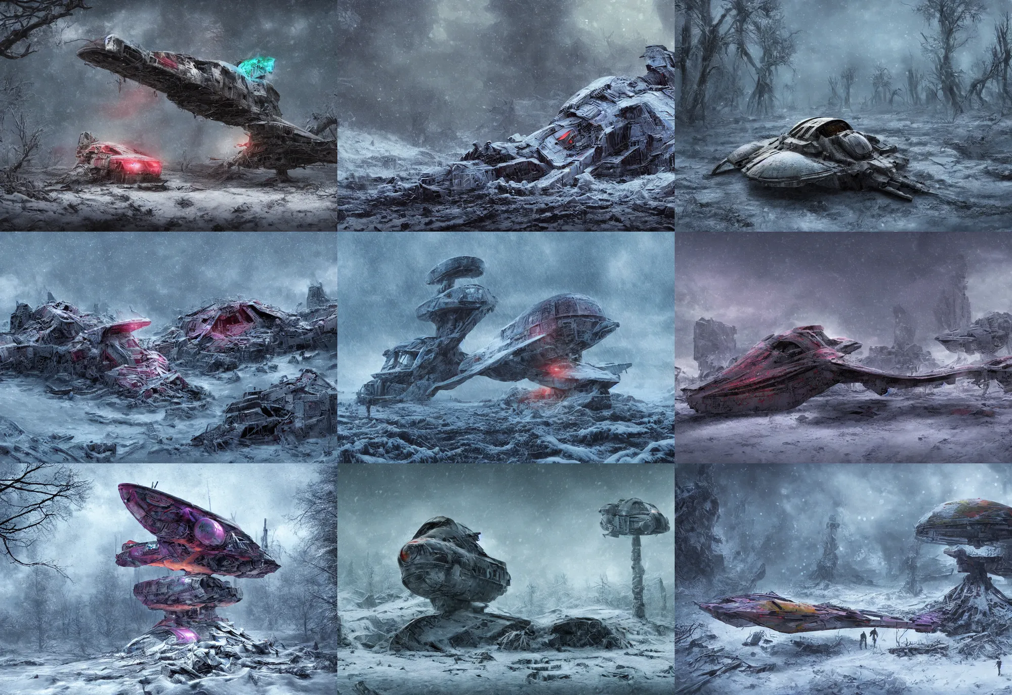 Prompt: matte painting of a crashed colorful alien scout ship covered in snow in a extremely muddy swamp, dystopian world, 4 k