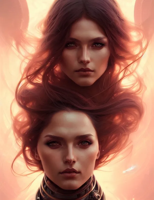 Image similar to futuristic woman portrait, sci-fi, amber eyes, face, long hair, fantasy, intricate, elegant, highly detailed, digital painting, artstation, concept art, smooth, sharp focus, illustration, art by artgerm and greg rutkowski and alphonse mucha