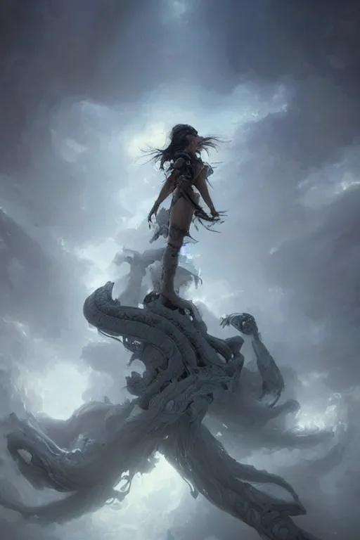 Image similar to art installation, cthulu descending from the clouds, intricate, beautiful cinematic lighting, stunning painting by artgerm and ruan jia