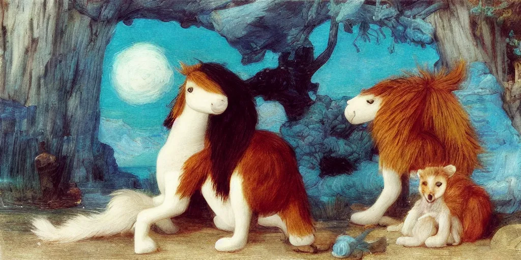 Prompt: 3 d precious moments plush animal, realistic fur, stuffed animal horse, teal, deep blue, storm, graves, night, master painter and art style of john william waterhouse and caspar david friedrich and philipp otto runge