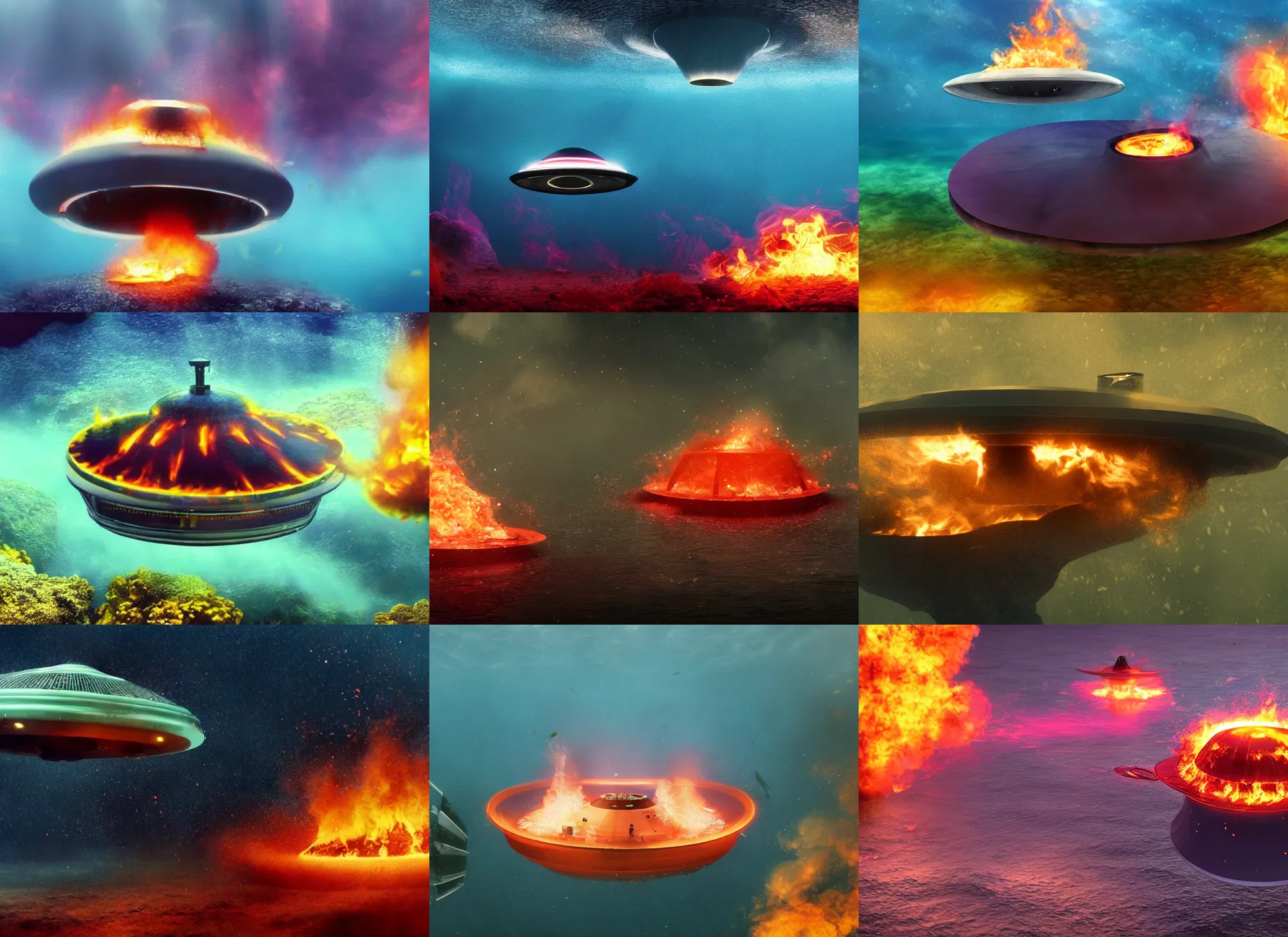 Prompt: a ufo burning underwater, colorful, hbo, netflix, 4 k, hd, hyperrealistic