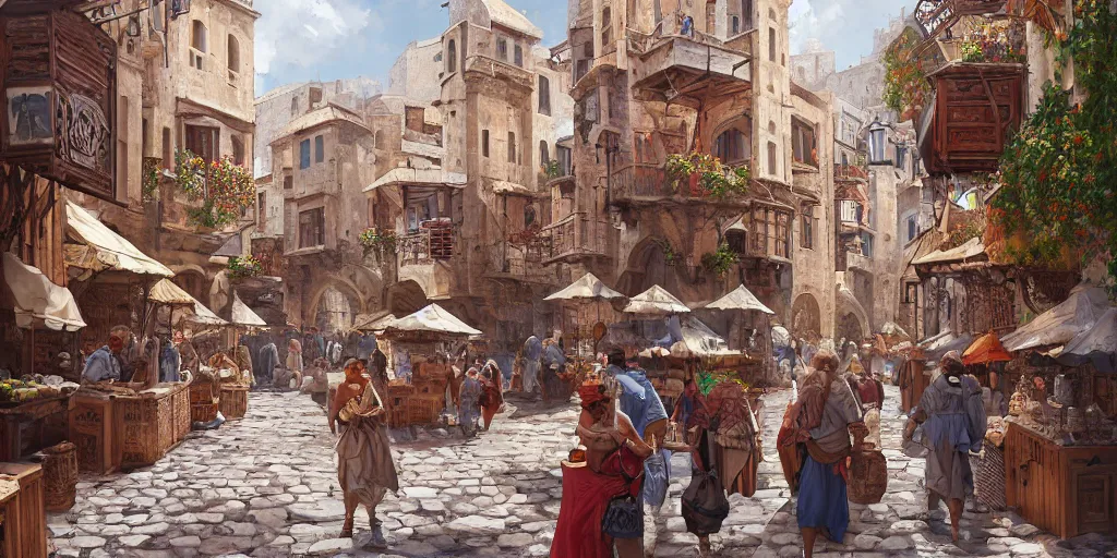 Image similar to a busy medieval Mediterranean street market in the style of Sylvain Sarrailh, Greek islands, old terracotta roofs, narrow streets, stone steps, character design, whitewashed buildings, old port, hanging fabric, bartering merchants, beautiful digital art, cinematic composition, detailed, concept art, Matt painting, oil painting, high res