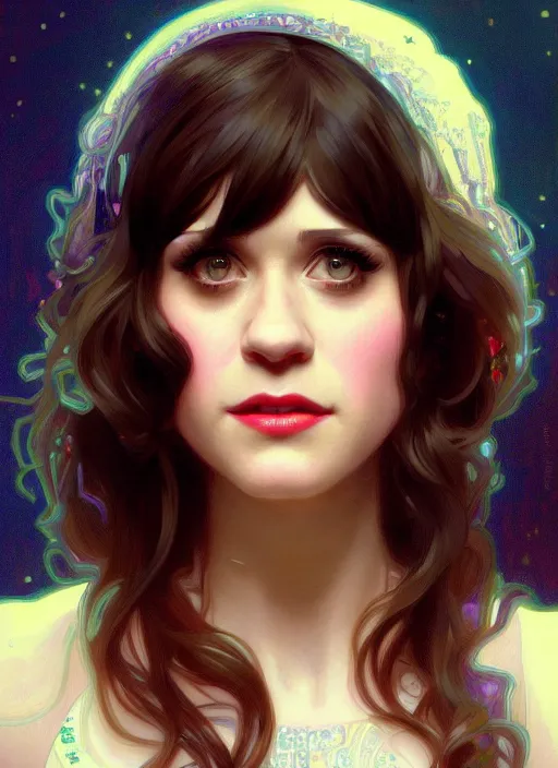 Image similar to portrait of zooey deschanel!, intricate, elegant, glowing lights, highly detailed, digital painting, artstation, glamor pose, concept art, smooth, sharp focus, illustration, art by wlop, alphonse mucha and craig mullins