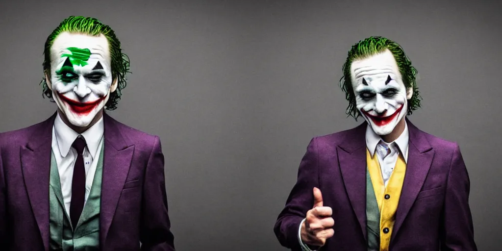 Image similar to joker wearing a suit style, photograph, grinning, creepy,