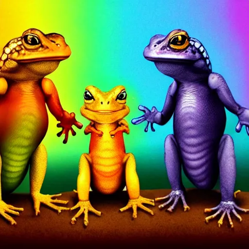 Image similar to three animals,trio, toad with wings front view holding a hand rainbow reptile front view holding hand golden lizard front view, trio, artstation, concept art, master illustration, details, good clear quality, fun - w 704