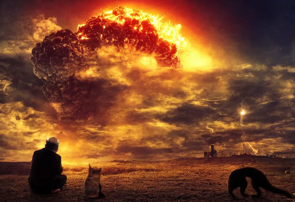 Image similar to old man with ( black cat ) watching nuke explosion cinematic, background blur bokeh, world ending nuke, 4 k