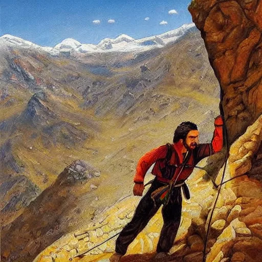 Prompt: kurdish mountaineer hiking up a massive kurdish mountain, beautiful painting by henry justice ford, incredible detail, award winning art