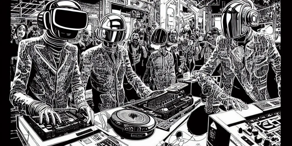 Prompt: intricate detailed artwork of Daft Punk using dj controller at an underground warehouse rave in Ibiza playing techno house music, housands of beautiful gorgeous female dancing in bikini, in the style of Geof Darrow and Moebius, no hair, vr sunglasses, beard, wires, speakers, black and white ink, some ink drips