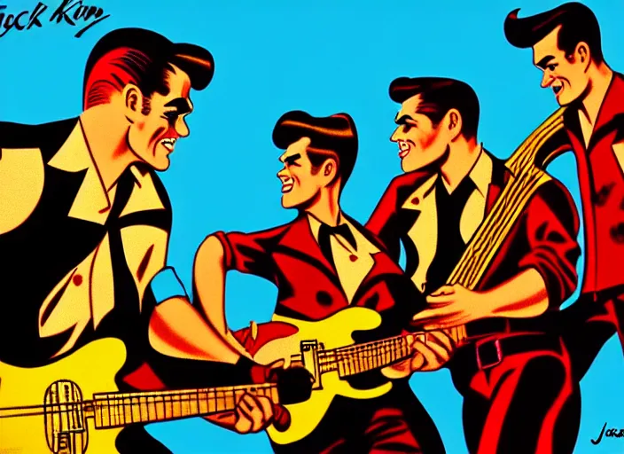 Image similar to rockabilly band 1950s, high detail, golden hour, 8K, by jack kirby