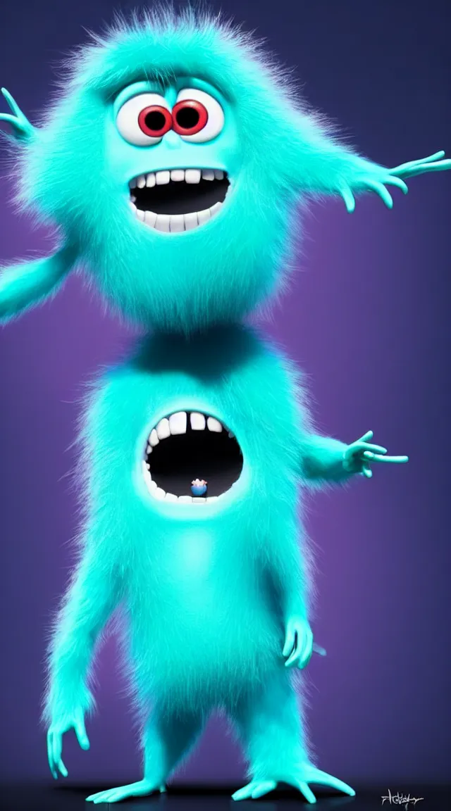 Prompt: a full studio shot of a deadly virus as a pixar character against a dark cyan backdrop. it is sinister yet friendly. hair, fur, fleshy, cute.