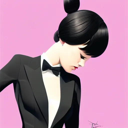 Image similar to young female in black tuxedo, corporate boss, luxury, muted colors, matte print, pastel colors, 2d, ultra highly detailed, smooth, sharp focus, digital art, digital painting, fan art, elegant, artstation, head is centered, by Ilya Kuvshinov