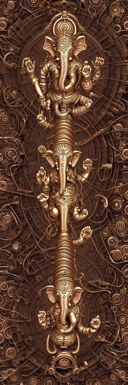 Image similar to seamless pattern of steampunk cybernetic biomechanical hindu god ganesha, symmetric, 3 d model, very coherent symmetrical artwork, unreal engine realistic render, 8 k, micro detail, intricate, elegant, highly detailed, centered, digital painting, artstation, smooth, sharp focus, illustration, artgerm, tomasz alen kopera, wlop