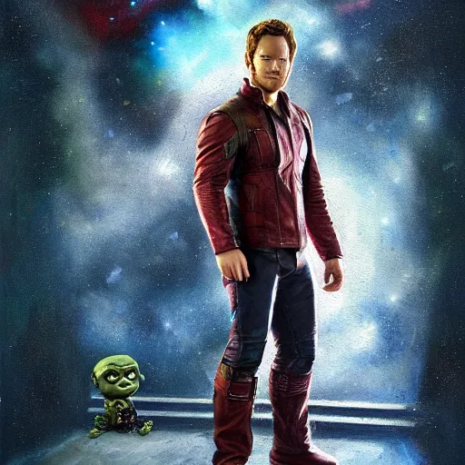 Image similar to the actor chris pratt as star lord posing together with the doll chucky from the movie child's play, inside a starship, oil painting, by greg rutkowski