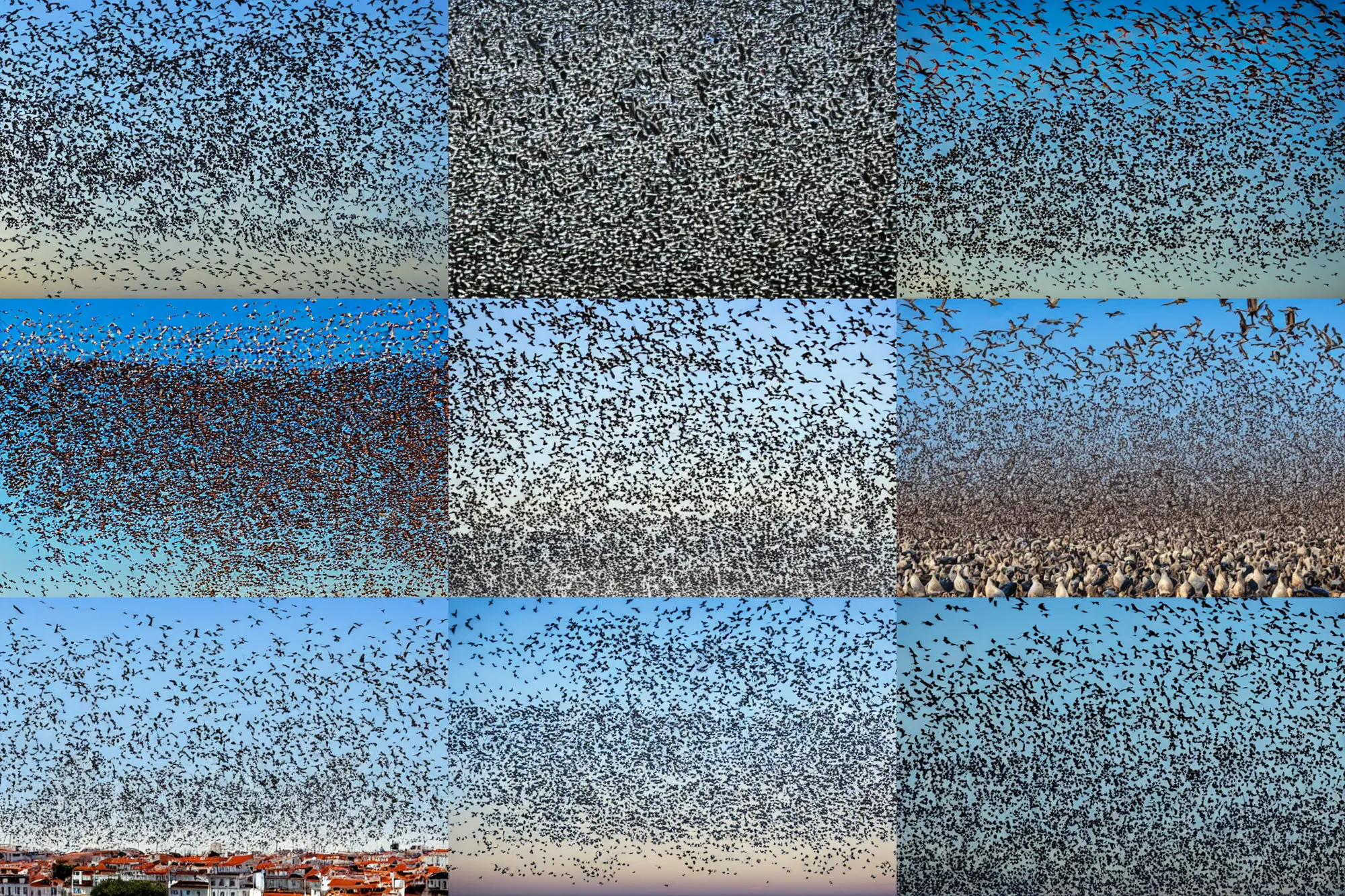 Prompt: Millions of birds covering the skies of Lisbon, Portugal