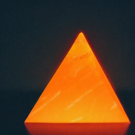 Image similar to a small glowing orange pyramid floating above an open palm, dark lighting