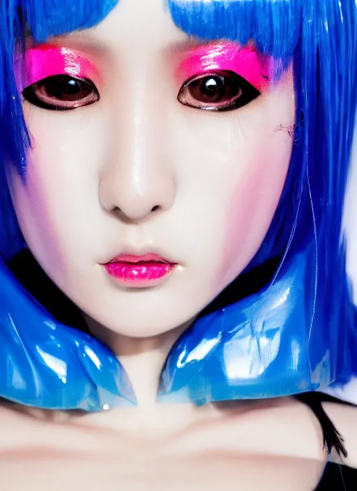 Image similar to a close-up risograph long shot of cyberpunk japanese model girl with black eyes and pretty face wearing latex catsuit and lots of transparent and cellophane accessories, blue hour, twilight, cool, portrait, Kodachrome, ISO1200,