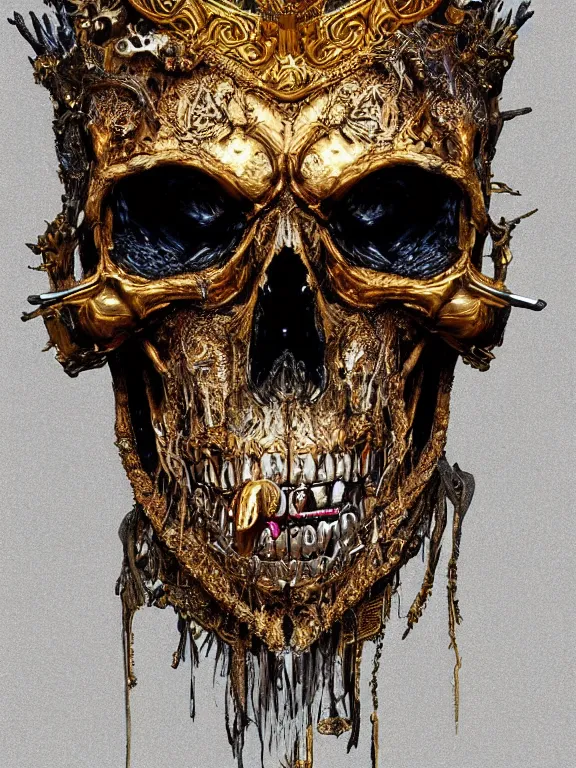 Image similar to portrait art of 8k ultra realistic skull on fire,intricate gold crown, detailed intricate ornate armour,decaying, cybernetic, full of colour, cinematic lighting, battered, trending on artstation, 4k, hyperrealistic, focused, extreme details,unreal engine 5, cinematic, masterpiece, art by ayami kojima, giger