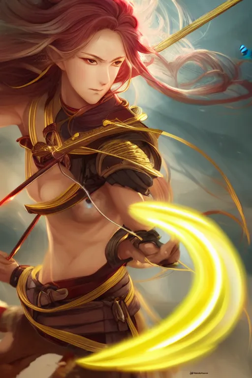 Prompt: beautiful attrative face female archer with yellow flash and red leave around her, light flowing hair, anime key visual, absurdly beautiful, highly detailed, sharp focus, concept art, granblue fantasy, anime by serafleur / d pin / rongzhen luo / mingdosa / ruan jia / gemi ningen