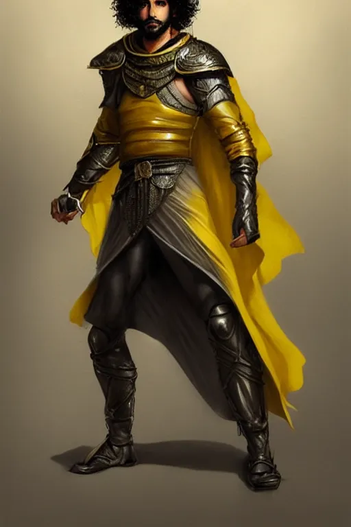 Prompt: Arab man , curly hair, swordsman, modern, hero, charcoal and yellow leather, character concept art, costume design, trending on artstation, Artgerm , WLOP