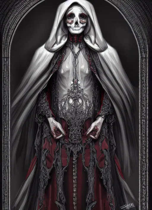 Image similar to fineart portrait illustration of the necromancer wearing a cloak, hyper detailed, crisp