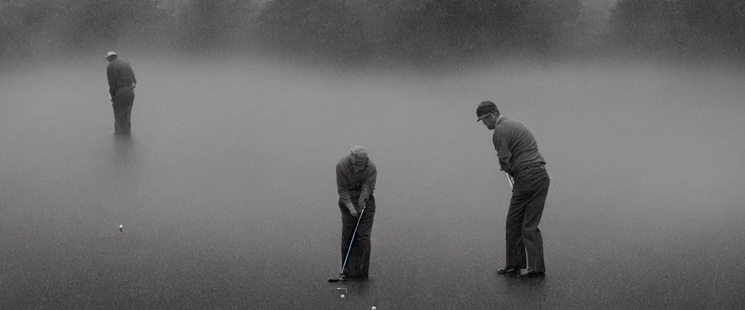 Image similar to detailed sharp photograph in the style of popular science circa 1 9 5 5 and gregory crewdson of a solitary man playing golf in the rain