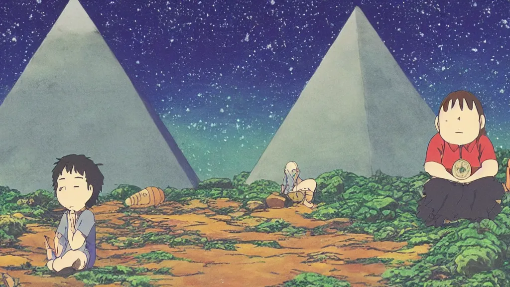 Image similar to a movie still from a studio ghibli film showing a huge dwarf meditating. a pyramid is under construction in the background, in the rainforest on a misty and starry night. a ufo is in the sky. by studio ghibli