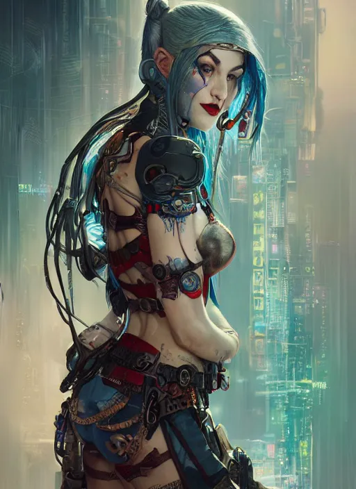 Image similar to a beautiful illustration of cyberpunk elven harley quinn, intricate, sharp focus, illustration, highly detailed, digital painting, concept art, matte, art by wlop and artgerm and greg rutkowski and alphonse mucha, masterpiece