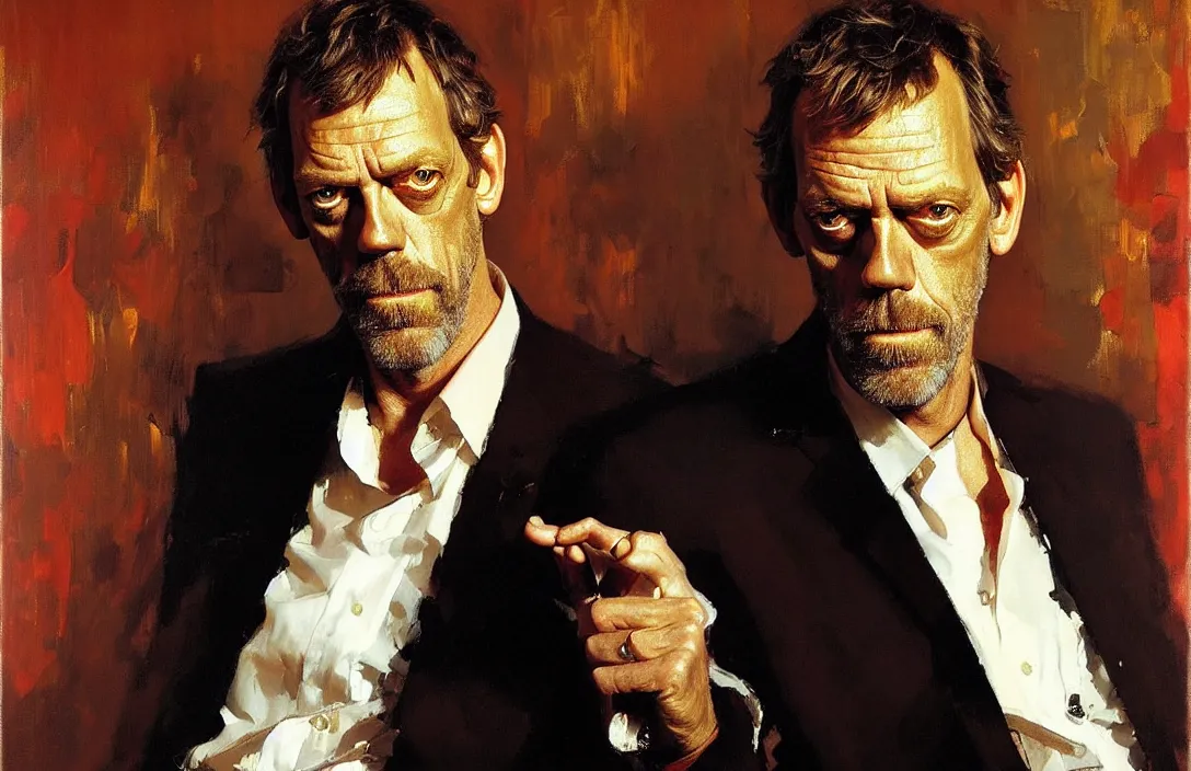 Image similar to portrait of hugh laurie!!!!!!!!!!!!!!!!!!!!!!!!!!!, detailed face, detailed painting, epic lighting, by ilya repin, phil hale and kent williams