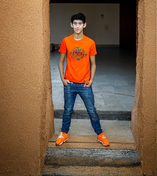 Image similar to a professional 8 5 mm highly detailed portrait of leo valdez, a mexican latino 1 5 year old boy with elfish features, skinny, lots of energy, curly hair, orange shirt, thin face, mischievious smile, symmetrical features, professional photography, midday lighting, fire theme, defiant, volumetric lighting