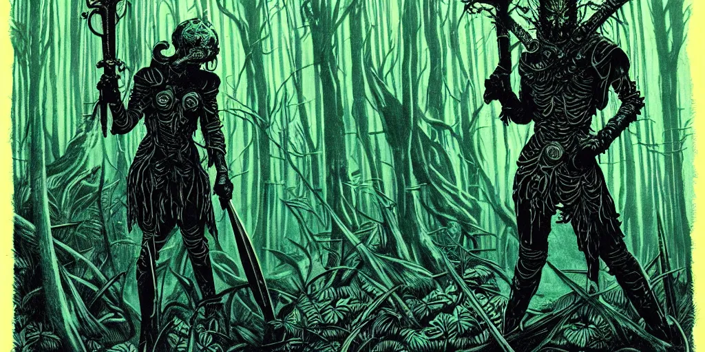 Prompt: retro horror vintage pulp sci - fi macabre botanical paladin holding a huge sword, lot of layers armour, in the dense forest, thrilling atmosphere, risograph matte painting, fog, highly detailed, deviantart, intricate detailed, by moebius, jack gaughan, lehr paul