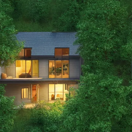 Prompt: cottage in clearing surrounded by trees, it is night, the windows are lit, concept art, aerial view