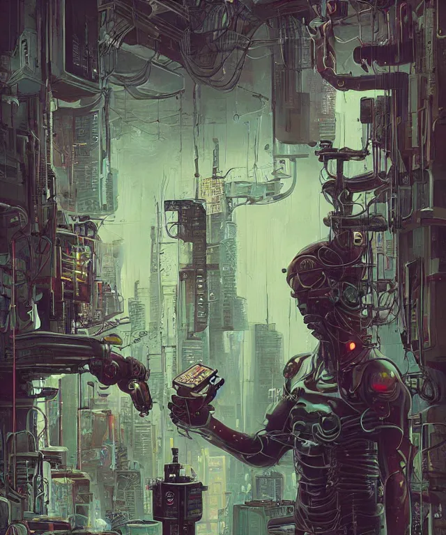 Image similar to a painting of a man holding a machine in his hands, cyberpunk art by les edwards and by michael whelan and by dan mumford, cgsociety, neoplasticism, lovecraftian, future tech, circuitry