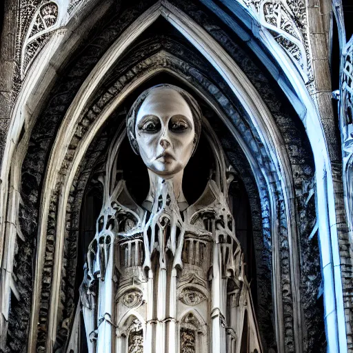 Image similar to architectural shot, no decaying lines, alabaster gothic cathedral, gothic black opal skin woman, macro head face