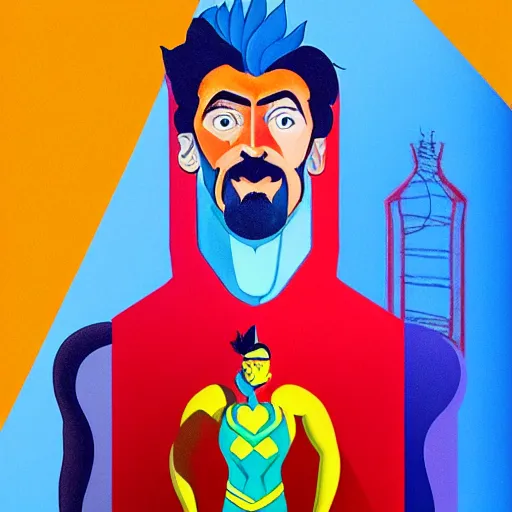 Prompt: ultra realistic portrait of captain planet in a studio, ultra detailed, under blue, red and yellow cinematic lighting, salvador dali, cartoon, monument valley, escher