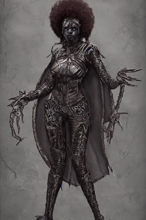 Image similar to ninja african princess with an afro in the style of giger. wearing cloak, medieval body armor, artgerm, trending on artstation, character concept art.