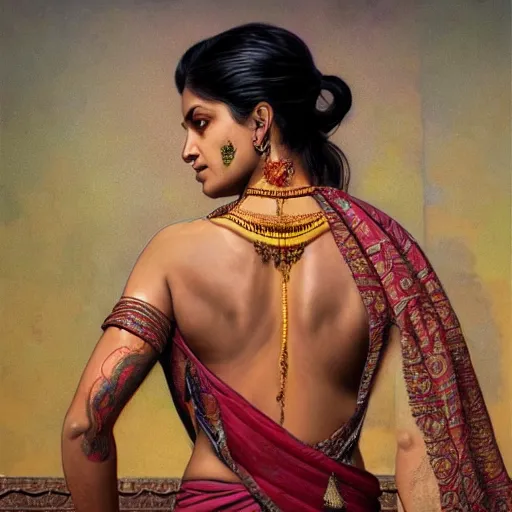 Image similar to portrait painting of a muscular bloodied indian woman lower back, tattooed, wearing sari, jewellery, ultra realistic, concept art, intricate details, eerie, highly detailed, photorealistic, octane render, 8 k, unreal engine. art by artgerm and greg rutkowski and alphonse mucha