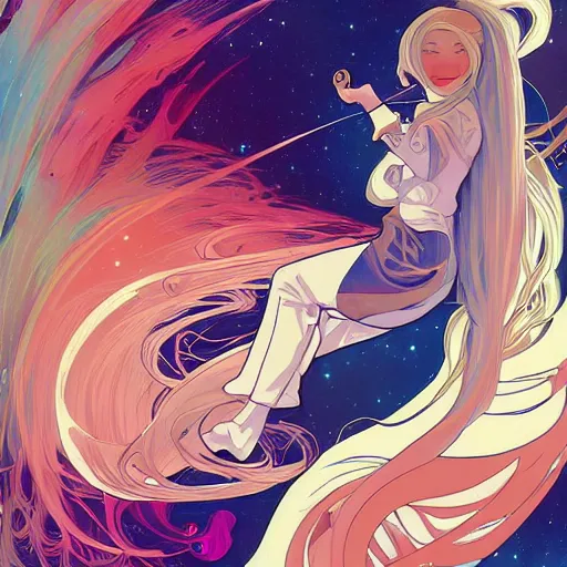 Prompt: portrait of a young astronaut girl, flowing white hair, alphonse mucha, loish, yoshitoshi abe, murata range, synthwave, cosmic,orange, kyoto animation, manga, anime, tsutomu nihei, vibrant, beautiful, dreamy, ((space nebula background))