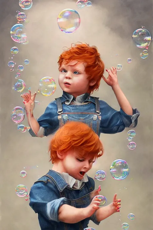 Image similar to a little boy with very short ginger hair wearing denim overalls chasing bubbles. clean elegant painting, beautiful detailed face, lots of bubbles. by artgerm and greg rutkowski