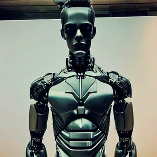 Image similar to “a realistic detailed photo of a guy who is an attractive humanoid who is half robot and half humanoid, who is a male android, actor Grant Gustin, shiny skin, posing like a statue, blank stare, at the museum, on display”